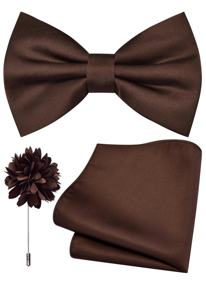 Branduce Brown Bow Tie for Men Wedding Solid Satin Silk Bowties Pocket Square and Lapel Pin Brooch Set (BB07-36) - Image 1